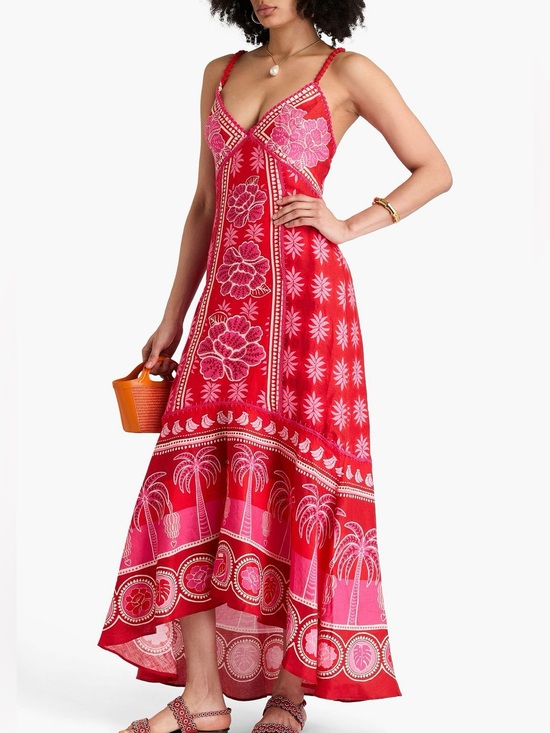 FARM Rio Dresses & Skirts - 🌺 Farm Rio Summer Sunrise Embroidered Linen Maxi Dress Size Large Red Pink